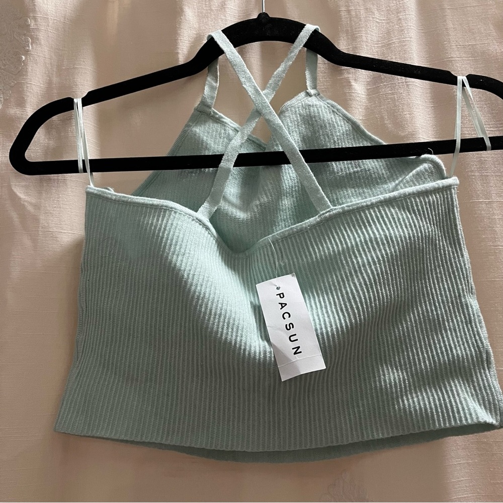 LA Hearts PacSun Mint Cropped Sweater Knit Halter Cami with Criss-Cross Back NWT - Picture 3 of 11